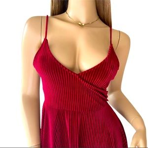 Forever 21 Ruby Wine Red Velvet Ribbed V Neck Fit Flare A Line Skater Tank Dress